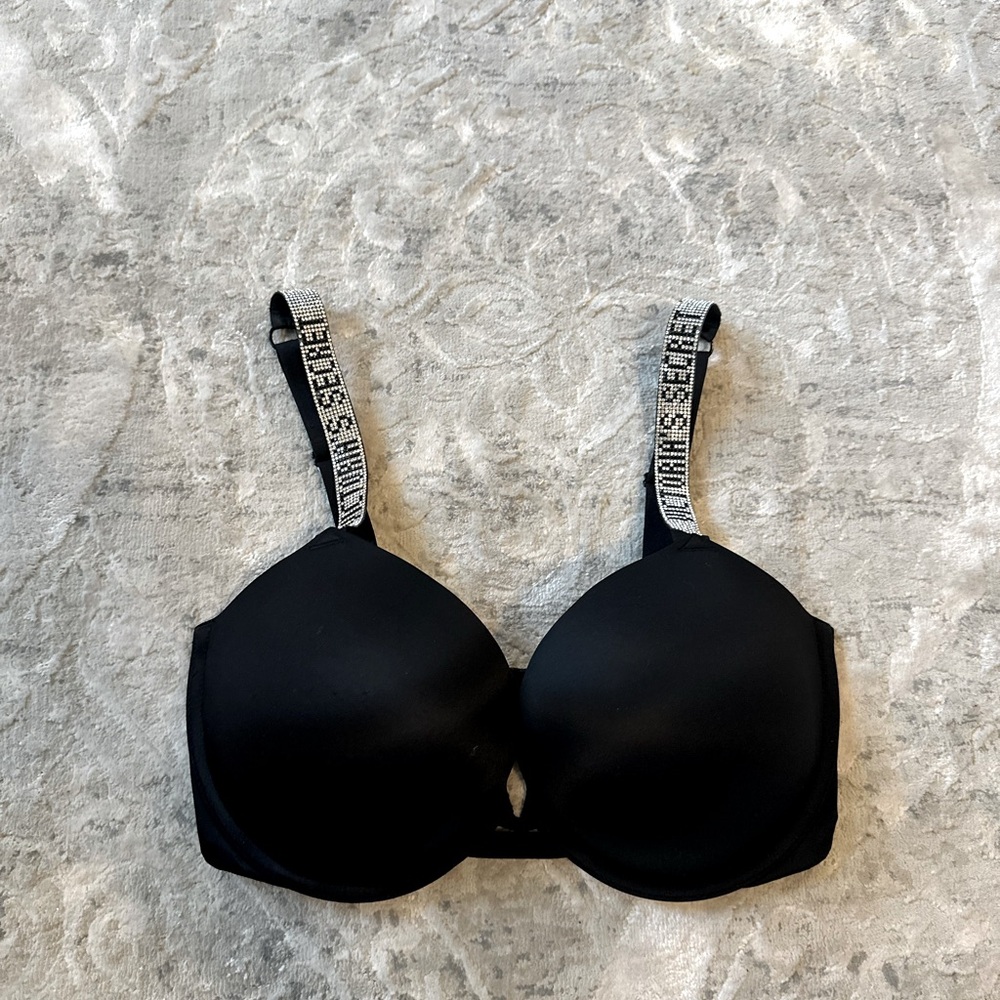 Victoria's Secret Black T-Shirt Bra with Embellished Logo Straps